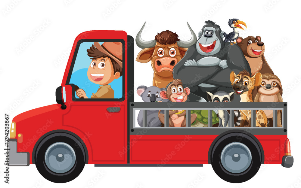 Obraz premium Zookeeper Driving Red Truck With Diverse Wild Animals