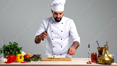 Professional Chef Skillfully Prepares Ingredients for Culinary Masterpiece.