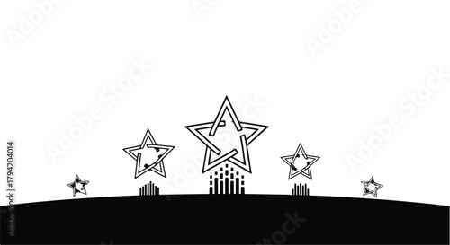 Abstract stars ascend from a dark horizon against a clean white background, symbolizing achievement and aspiration.