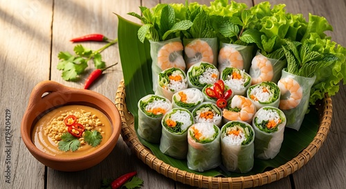A natural, realistic presentation of shrimp salad rolls placed in a woven bamboo basket with banana leaves underneath