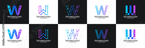 Set of initial letter W technology circuit connection digital data network logo design inspiration.
