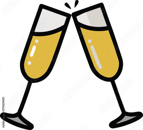 Champagne toast flat design illustration of clinking glasses for celebration isolated on transparent background