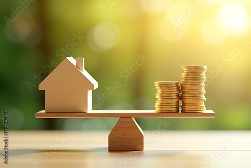 House on scale balanced by gold coins, symbolizing affordable home ownership and financial stability in sunny setting.