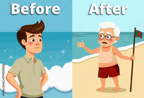 Humorous Illustrated Transformation: Young Man to Elderly Beachgoer in a Playful Before and After Cartoon Comparison