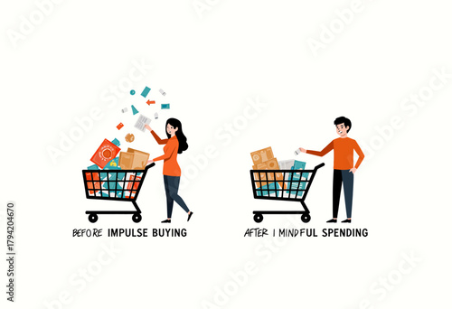 Illustration of Transition from Impulse Buying to Mindful Spending Featuring Shoppers with Full and Balanced Shopping Carts