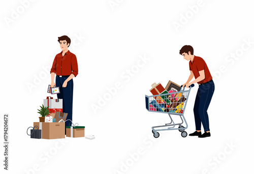 Illustration of a Person Managing Boxes and Pushing a Shopping Cart Filled with Various Items Depicting Organization and Shopping Activities