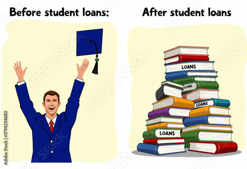 Illustration Comparing Pre and Post Student Loan Experiences: Graduate Celebrating with Books Symbolizing Loan Burden