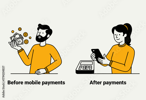 Illustration Comparing Traditional Cash Transactions with Modern Mobile Payments for Enhanced Financial Convenience and Efficiency