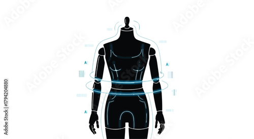 Futuristic fashion design mannequin with digital measurement indicators for tailoring and innovation