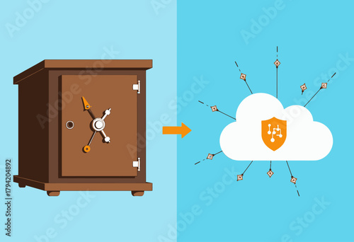 Illustration of transitioning from traditional locked safe to modern cloud-based secure data storage with protection shield