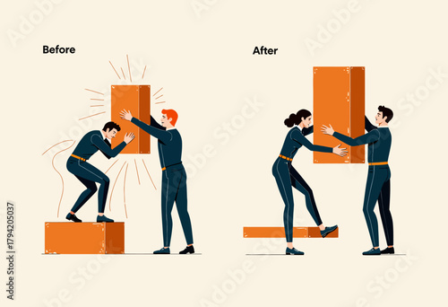 Illustration of Two People Collaborating to Problem-Solve and Overcome Obstacles Before and After Transition Scene Depicting Teamwork and Success
