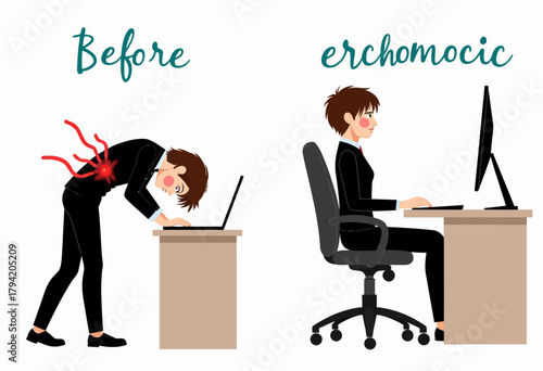 Illustration Comparing Poor and Proper Ergonomic Posture at Work Desk to Prevent Strain and Improve Comfort for Laptop Users