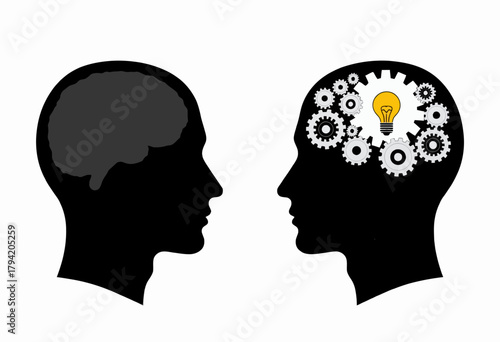 Illustration of Dual Silhouettes Highlighting Contrasting Brain Functionality with Gears and Lightbulb Symbolizing Ideas and Thinking Processes