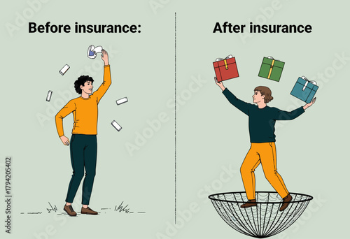 Illustration Comparing Financial Security Before and After Insurance with Individuals Managing Money and Gifts Over Safety Net