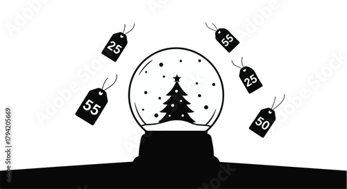 Festive Christmas tree in a snow globe with hanging price tags, symbolizing holiday shopping and sales.