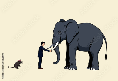 Businessman shaking hands with a cartoon elephant while a small mouse watches, illustrating unexpected alliances and overcoming fears