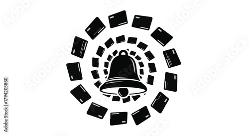 A summoning bell at the center of a swirling vortex of credit cards, symbolizing financial urgency or alarm.