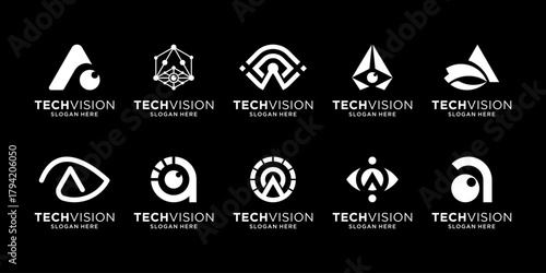 Set of vision eye tech logo design. Initial letter A isolated on black background. Geometric abstract logo icon vector.