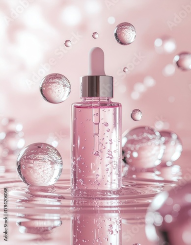 A sleek pink serum bottle surrounded by floating bubbles, reflecting a soothing, luxurious skincare theme.