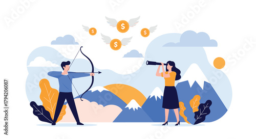 A man aims an arrow at flying money, and a woman uses a telescope, symbolizing strategic financial planning, investment, and wealth goals.
