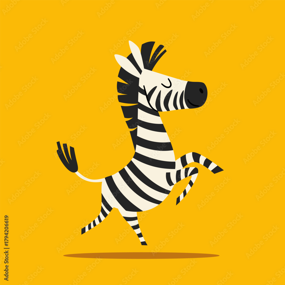 Fototapeta premium A cute zebra happily jumps on a yellow background. A flat vector illustration in a simple children's style. . Vector illustration