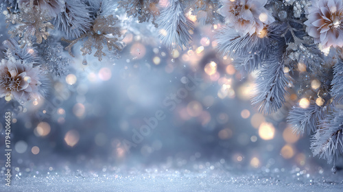 A snowy background with a tree branch in the foreground. The branch is covered in snow and has a few lights on it