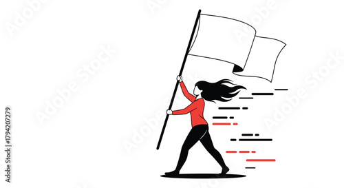 A strong, determined woman with flowing hair strides forward, holding a large white flag, symbolizing leadership, freedom, and the march towards progress.