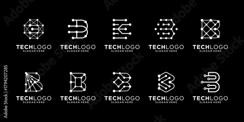 Set of letter B logo design inspiration. Abstract circuit shape with initial B. Geometric logo isolated on black background. Icon design vector.