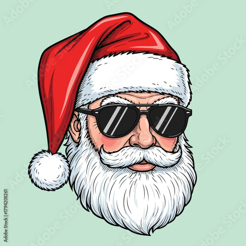 Cool santa claus wearing sunglasses on a light green background