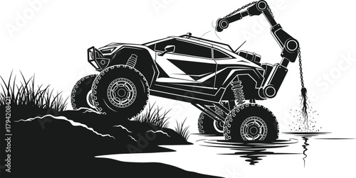 Monochrome illustration of an offroad vehicle with robotic arm, navigating rough terrain for exploration and resource extraction