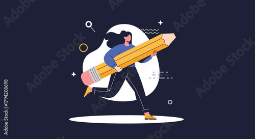 A determined woman is on the move, carrying an oversized pencil, embodying the act of writing, learning, or initiating a creative project.