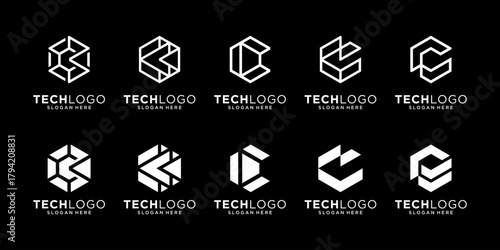 Set of letter C hexagon logo design inspiration, Geometric abstract logo icon vector isolated on black background.