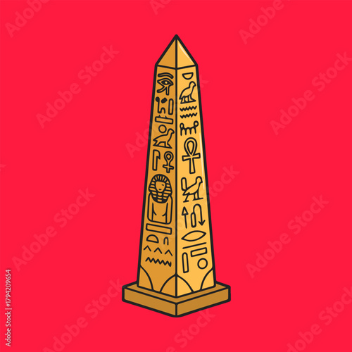 Tall monolithic Egyptian obelisk monument vector illustration or icon. Ancient history architecture asset.