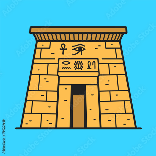 Massive ancient Egyptian Pylon Gate temple entrance vector illustration. Architectural landmark icon design.