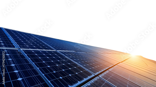 Close up of solar panel with sun flare, showcasing renewable energy and sustainable technology