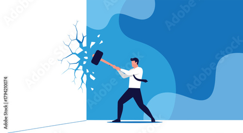 A determined businessman smashes a white wall with a sledgehammer, symbolizing breaking through obstacles and achieving new possibilities.