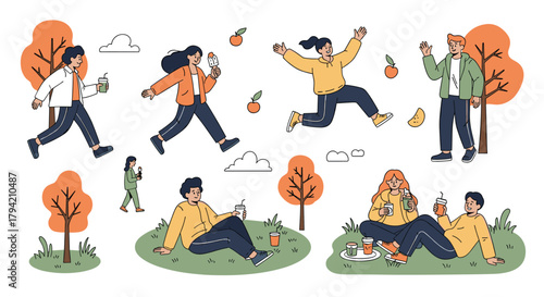 Diverse group of happy young people enjoying various activities like walking, running, and picnicking in an autumnal park setting.