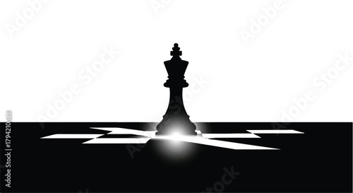 Silhouette of a chess king casting a long, dramatic shadow across a board, symbolizing strategy and power.