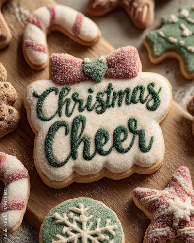 Christmas Cheer festive text with cookies on pale wooden background