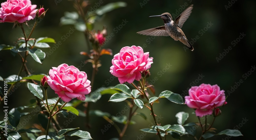Fototapeta premium Rose Garden Hummingbird: The elegant dance between vibrant pink roses and a hummingbird. The delicate hummingbird hovers gracefully near the blossoms.
