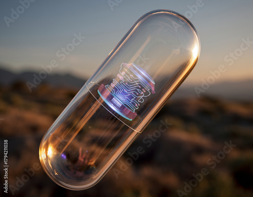 Close up of a clear capsule with a circuit board inside against a blurred background landscape view