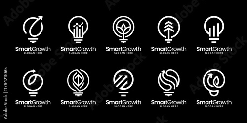 Set of innovation financial with growth up arrow business chart bar diagram logo design inspiration. Geometric abstract logo icon vector isolated on black background.