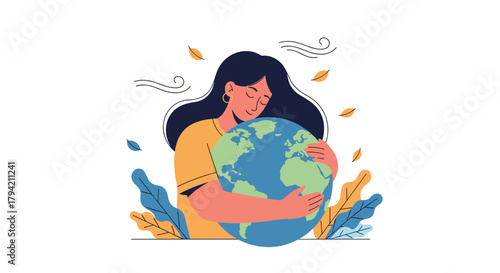 A woman lovingly embraces the Earth, surrounded by autumn leaves and gentle breezes, symbolizing environmental protection and a deep connection to nature.