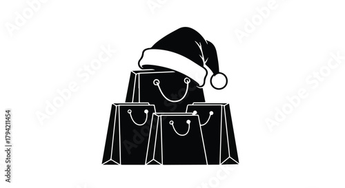 Festive shopping bags with Santa hat, representing holiday sales and gift giving