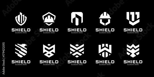 Set of shield armor strong for building construction logo design inspiration. Geometric abstract logo icon vector isolated on black background.