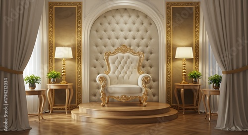 Ornate White and Gold Throne Chair in Luxurious Room with Lamps royal king