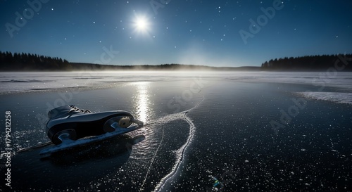 Fototapeta Naklejka Na Ścianę i Meble -  Ice skating on frozen lake under starry night sky