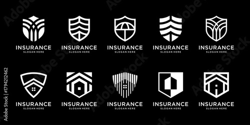 Set of abstract shield for financial management insurance logo design inspiration. Geometric abstract logo icon vector isolated on black background.