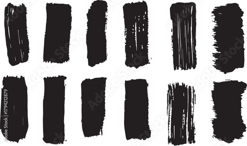 Black Brush paint stroke set. Black stain texture background abstract vector ink splashes. rough paintbrush mark sketch shape frames. marker lines. Charcoal streaks. Bold grungy scribbles