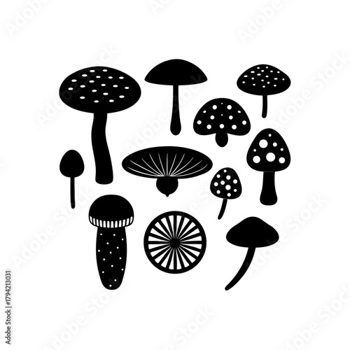 Stylized mushroom silhouettes vector set isolated on white.